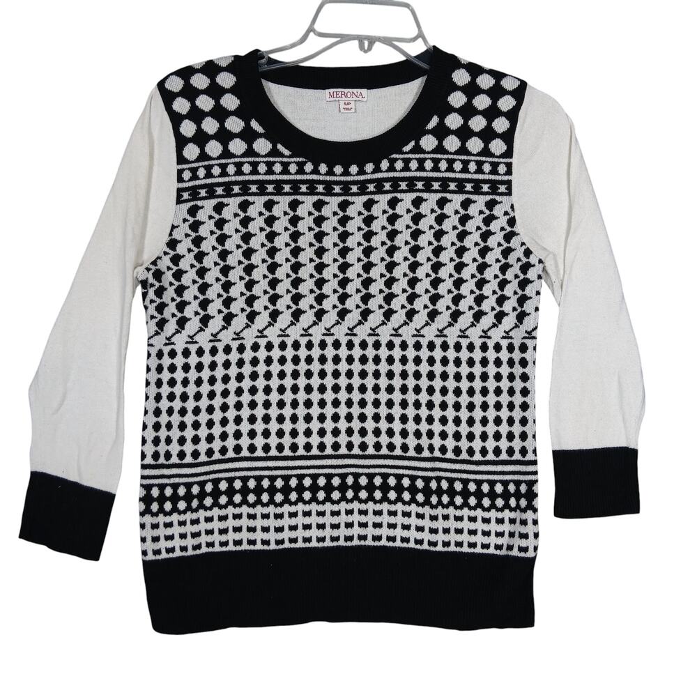 Merona Sweater Top Size S Petite Black and White Geometrical Print 3/4 Sleeve